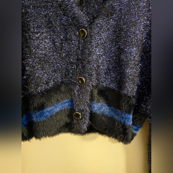 DESIGUAL Metallic Blue Black Moon Night Cardigan Sweater Party Evening M - Picture 7 of 8